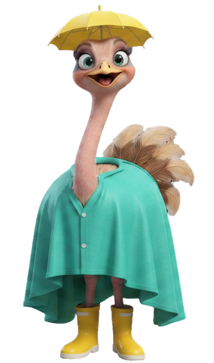 Cartoon ostrich wearing turquoise rain poncho, yellow rain boots with a yellow brock-a-brella on its head.