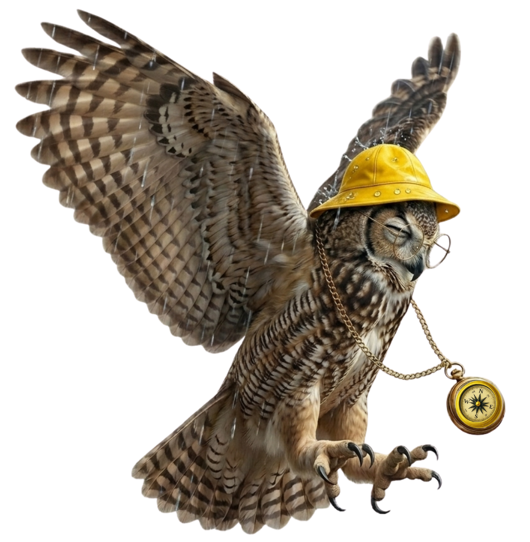 Cartoon owl is wearing a bright yellow rain hat.
