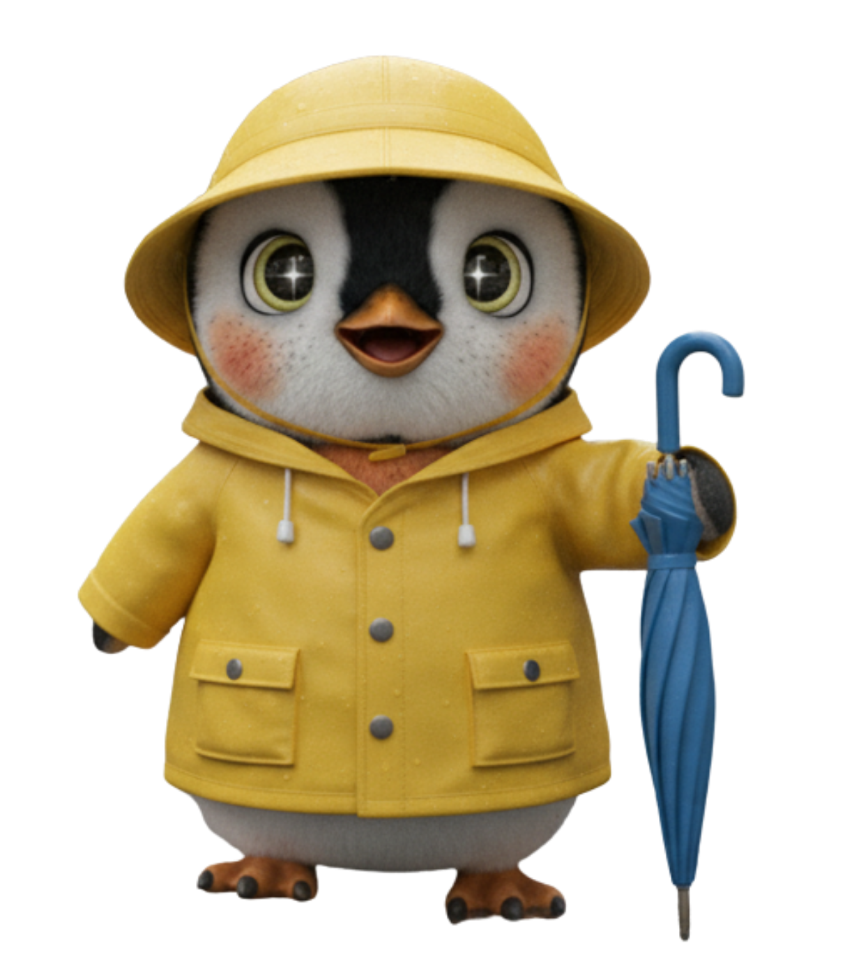 Cartoon penguin wearing a yellow rain hat and jacket with a closed umbrella held by one wing.