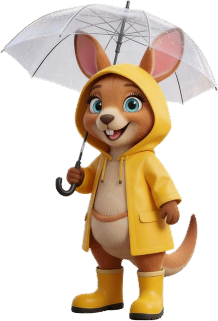 Cartoon kangaroo is wearing a yellow rain jacket with hood and yellow rain boots, while it holds an open umbrella.
