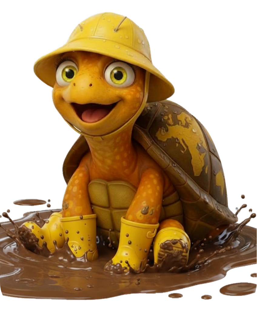 Cartoon turtle wearing yellow rain hat and boots while playing in the mud.