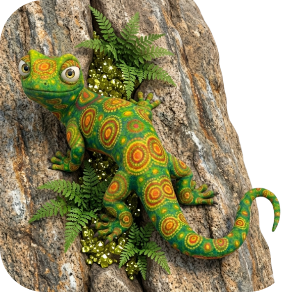 Cartoon lizard climbing up a steep rock cliff, searching for crystals.