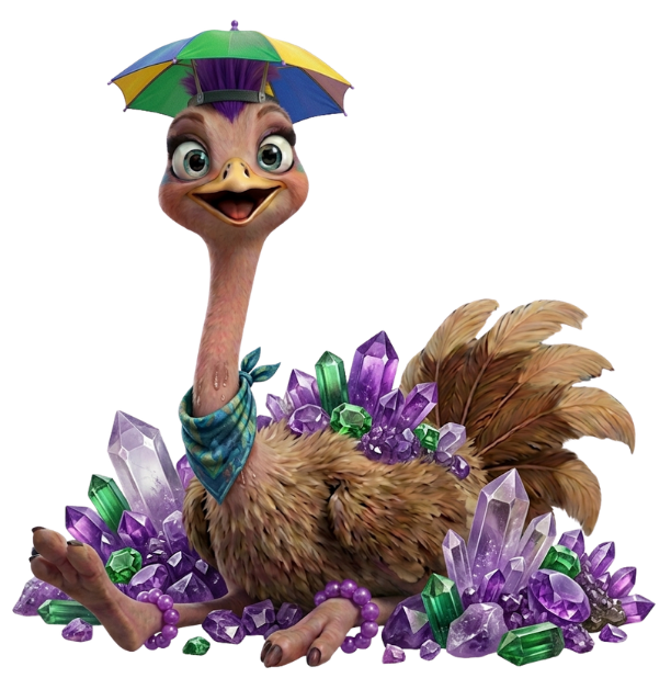 Cartoon ostrich wearing turquoise bandana and multi-colored brock-a-brella on its head. It sits in a pile of turquoise and purple crystals.