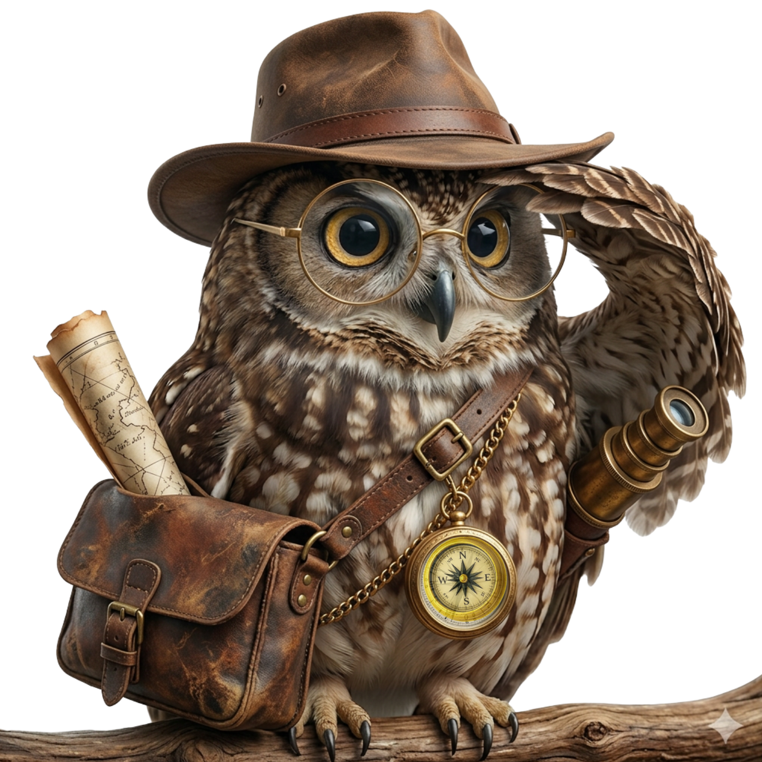 Cartoon owl is wearing rugged adventure hat and leather pouch slung across its chest. One wing clutches a map, the other shades its eyes.