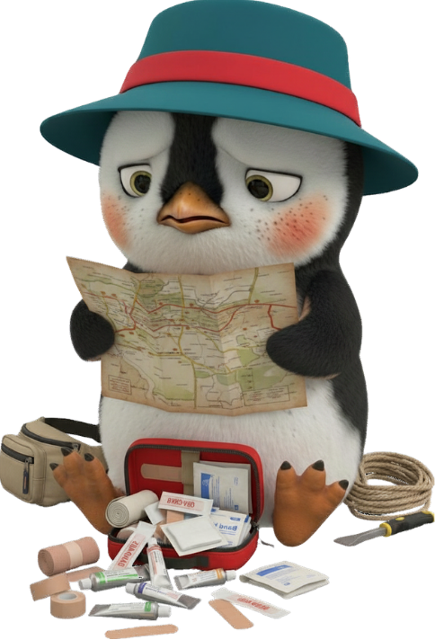 Cartoon penguin wearing a blue hat with red hatband. It is sitting reading a map with its tools and first aid kit between its webbed feet.