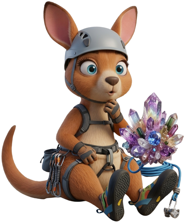 Cartoon kangaroo is wearing rock climbing helmet and gear.