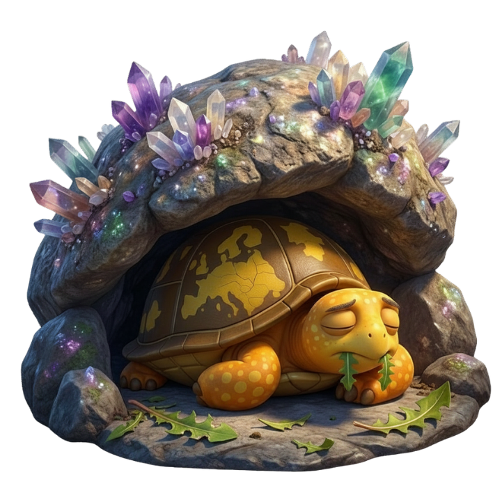 Cartoon turtle sleeping inside a crystal geode.