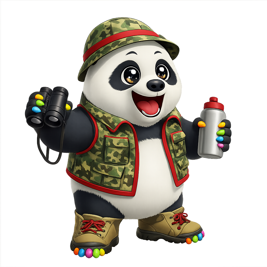 Cartoon of a panda bear wearing a camouflage hat and vest with bright red trim. In one paw is a water bottle, in the other are binoculars.