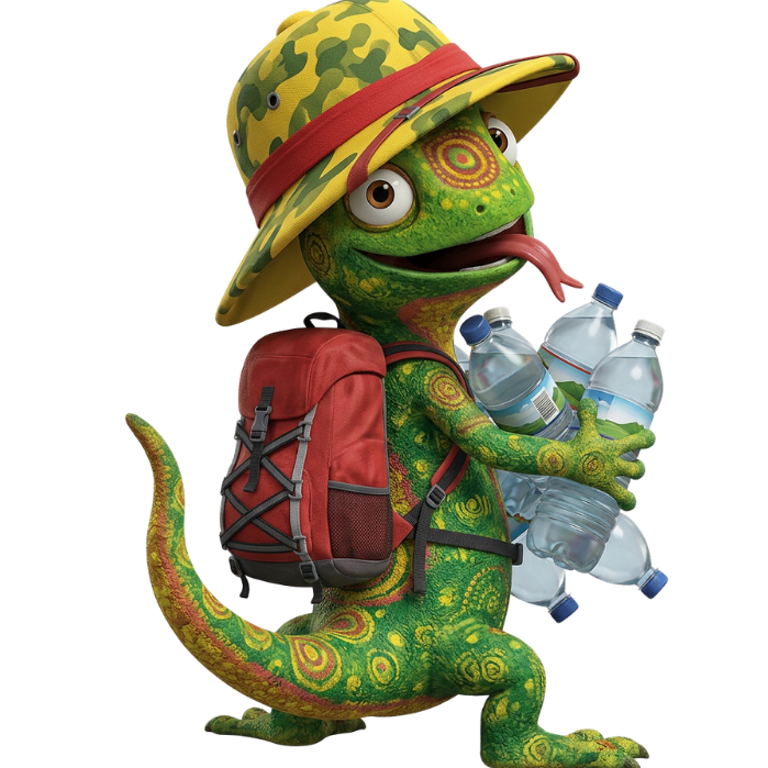 Cartoon of  red and yellow patterned lizard with red forked tongue, wearing a yellow camouflage safari hat struggling to hold many water bottles.