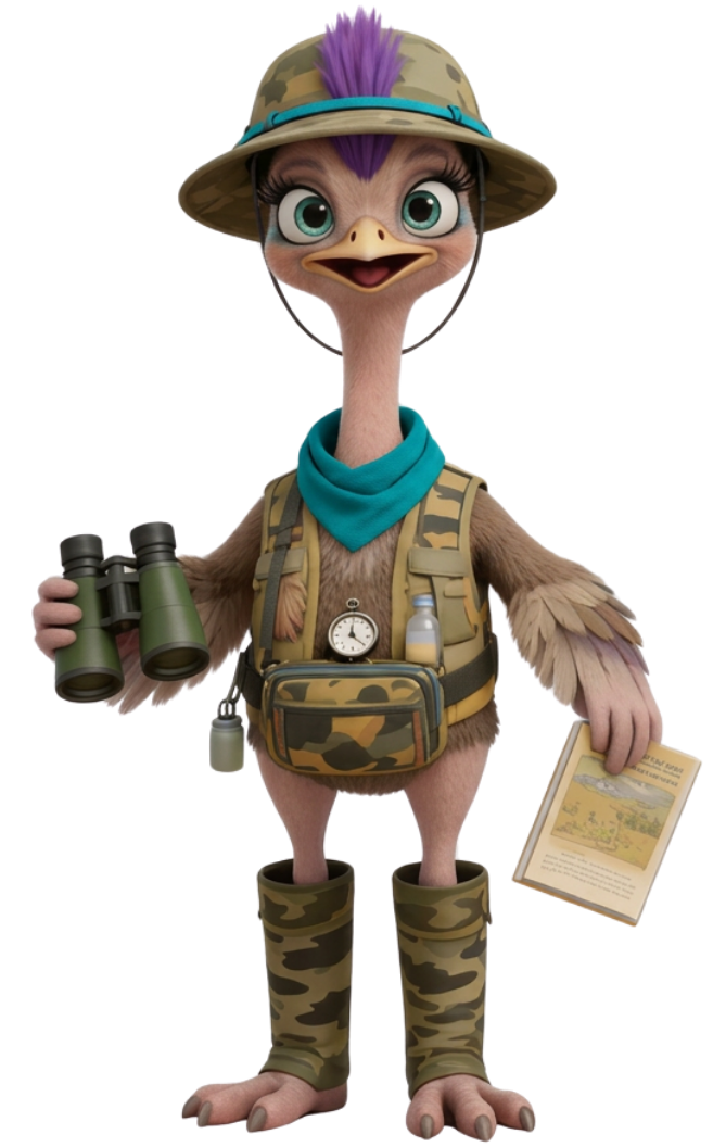 Cartoon of an ostrich wearing a safari hat with its neon purple hair sticking out a slit in the hat. It wears camouflage vest and gaiters, while carrying binoculars and a map.