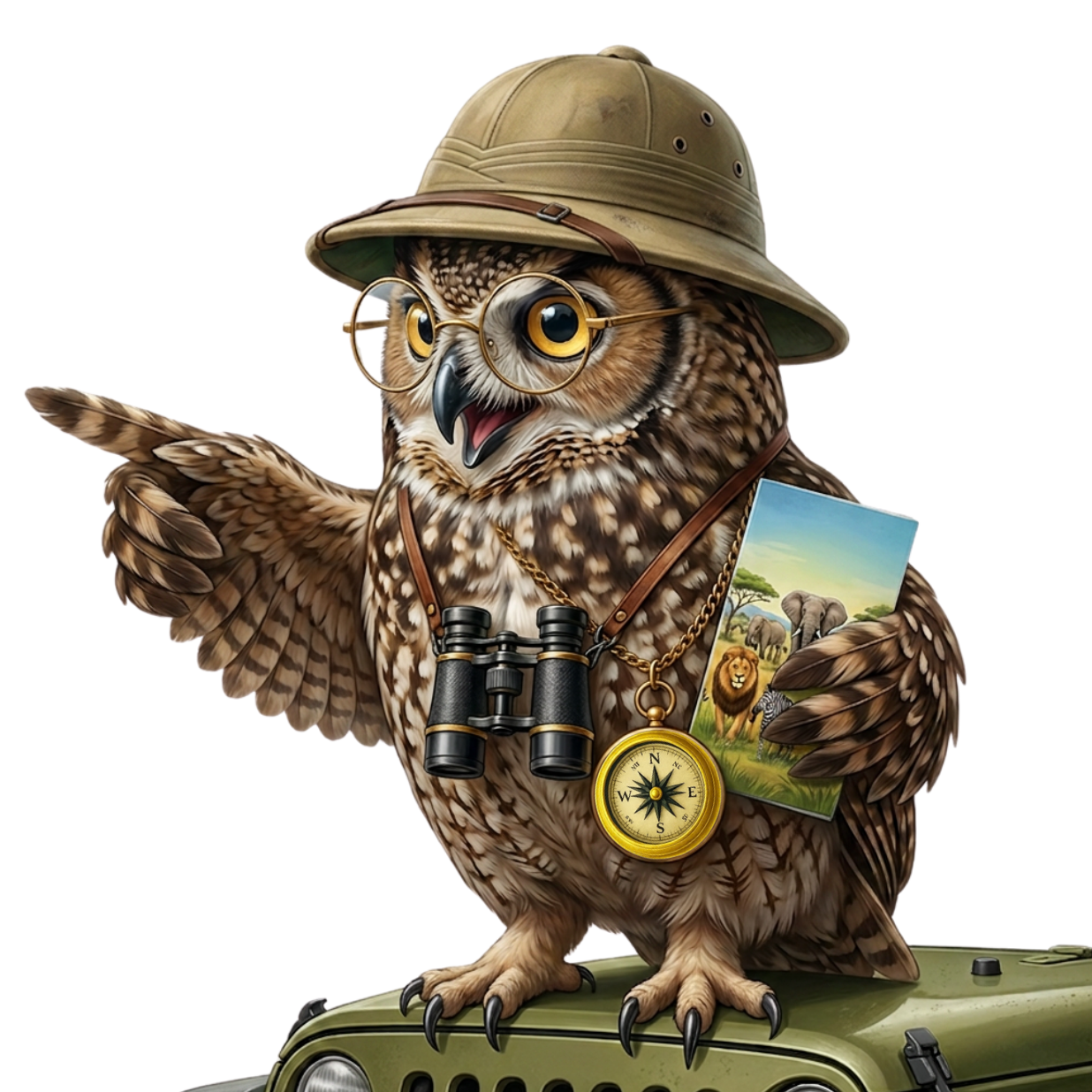 Cartoon of an owl wearing a tan safari hat. Around its neck hangs a pair of binoculars. It is pointing with one wing and clutches an animal brochure in the other, while perched on a green jeep.