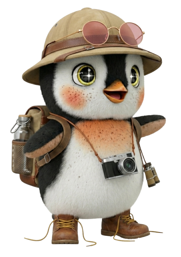 Cartoon of a penguin wearing a safari hat with rose colored glasses perched on the brim. Around it's neck is a camera and ocular. Its backpack has water and snacks.