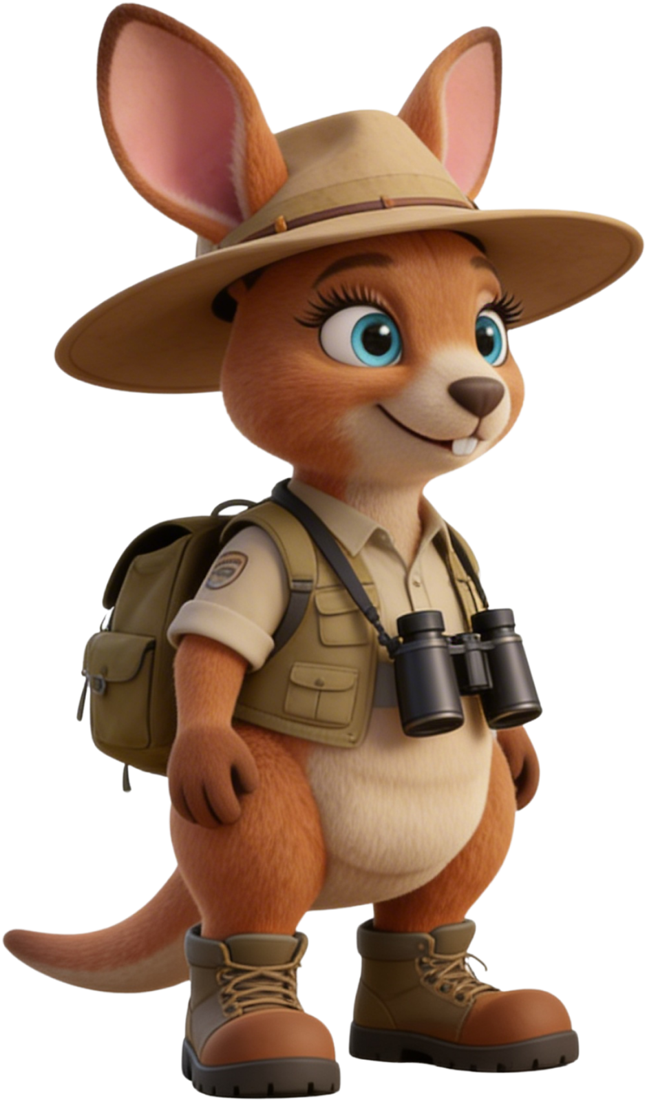 Cartoon of a kangaroo wearing a safari hat, vest and hiking boots. Around its neck hangs a pair of binoculars, a backpack secured to its back.