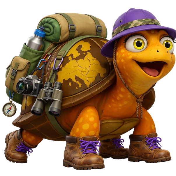Cartoon of a turtle wearing a purple safari hat, and hiking books with purple shoelaces. Strapped to its shell is a bedroll, binoculars, compass and a backpack with water and snacks.