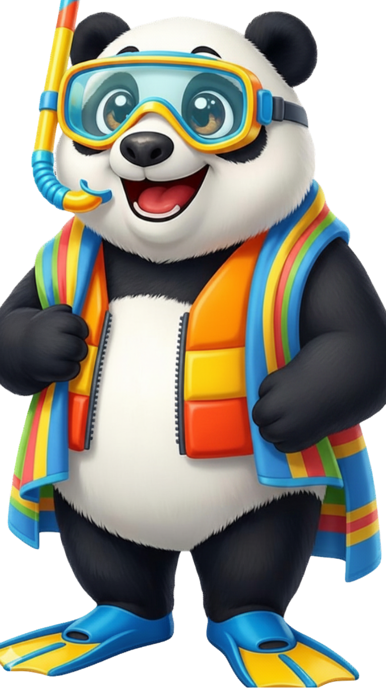 Cartoon of a panda bear wearing a snorkel mask, blue fins, life jacket and has a blue striped towel around its neck.