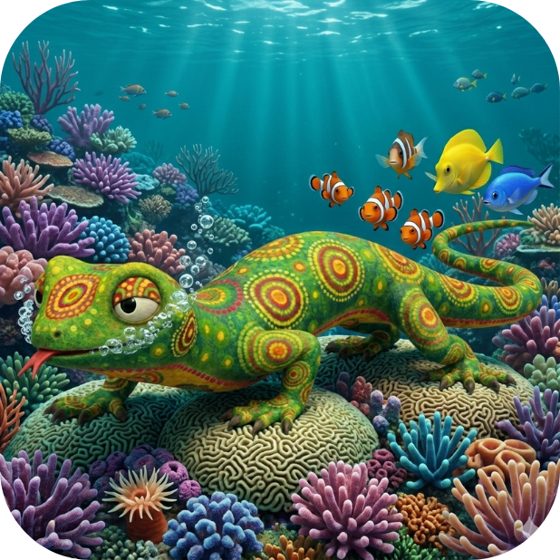 Cartoon of a lizard with a red forked tongue, walking under water, on a colorful coral reef with tiny fish following it.