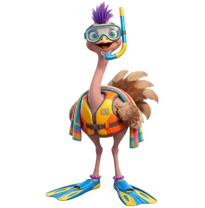 Cartoon of an ostrich wearing a snorkel mask, life vest and fins on its feet, with a towel draped over its long neck.