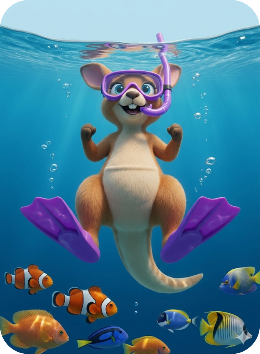 Cartoon of a kangaroo wearing a snorkel mask and bright purple fins on its feet. Playful fish are checking out the purple fins.