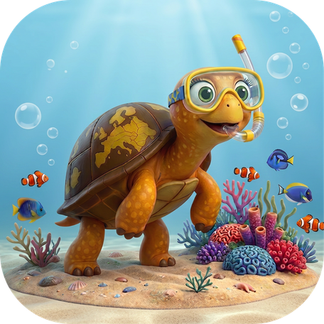 Cartoon of a turtle wearing snorel mask, walking on the sandy bottom near a coral reef, while fish play nearby.