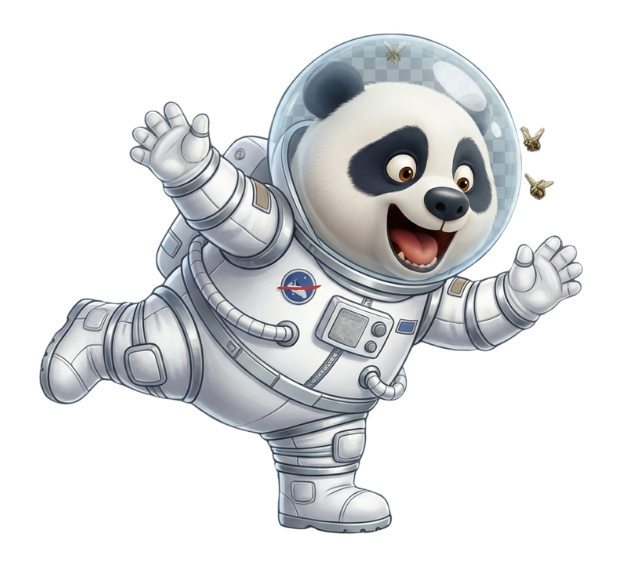 Cartoon of a panda bear wearing a space suit and helmet.
