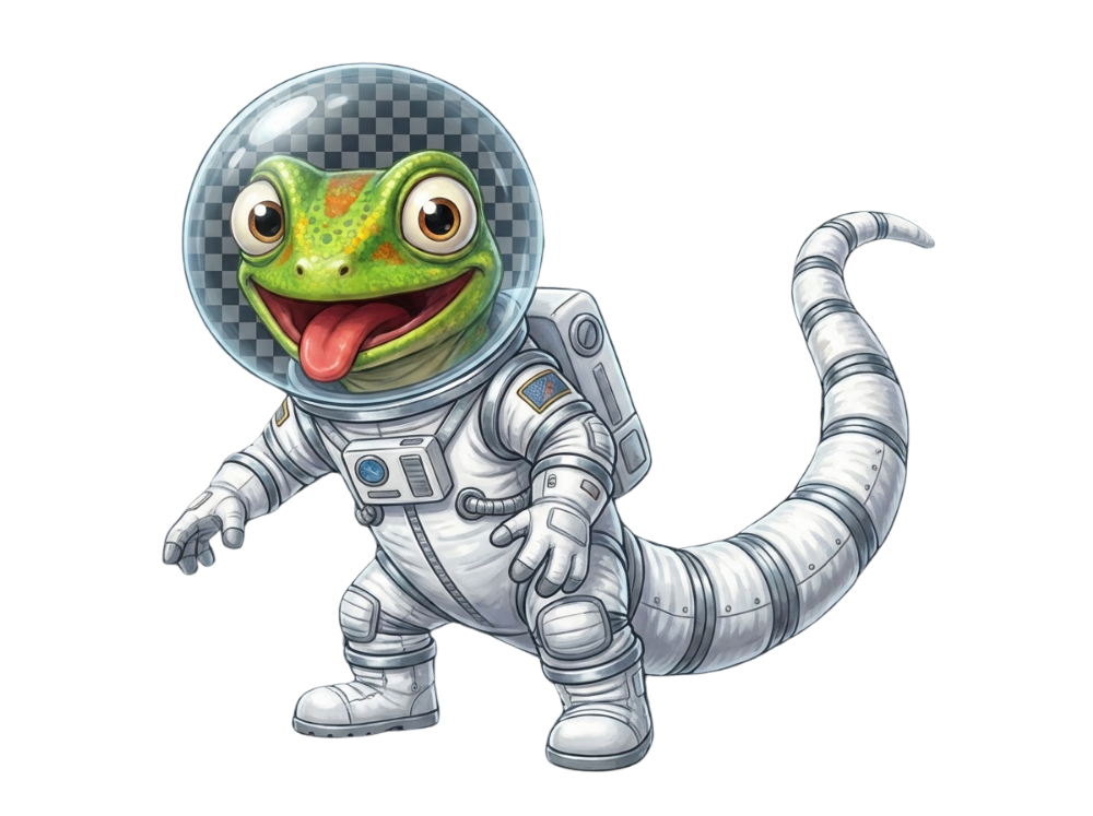 Cartoon of a lizard wearing a space suit and helmet.
