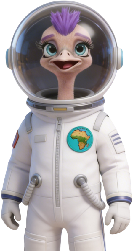 Cartoon of an ostrich wearing a space suit and helmet.