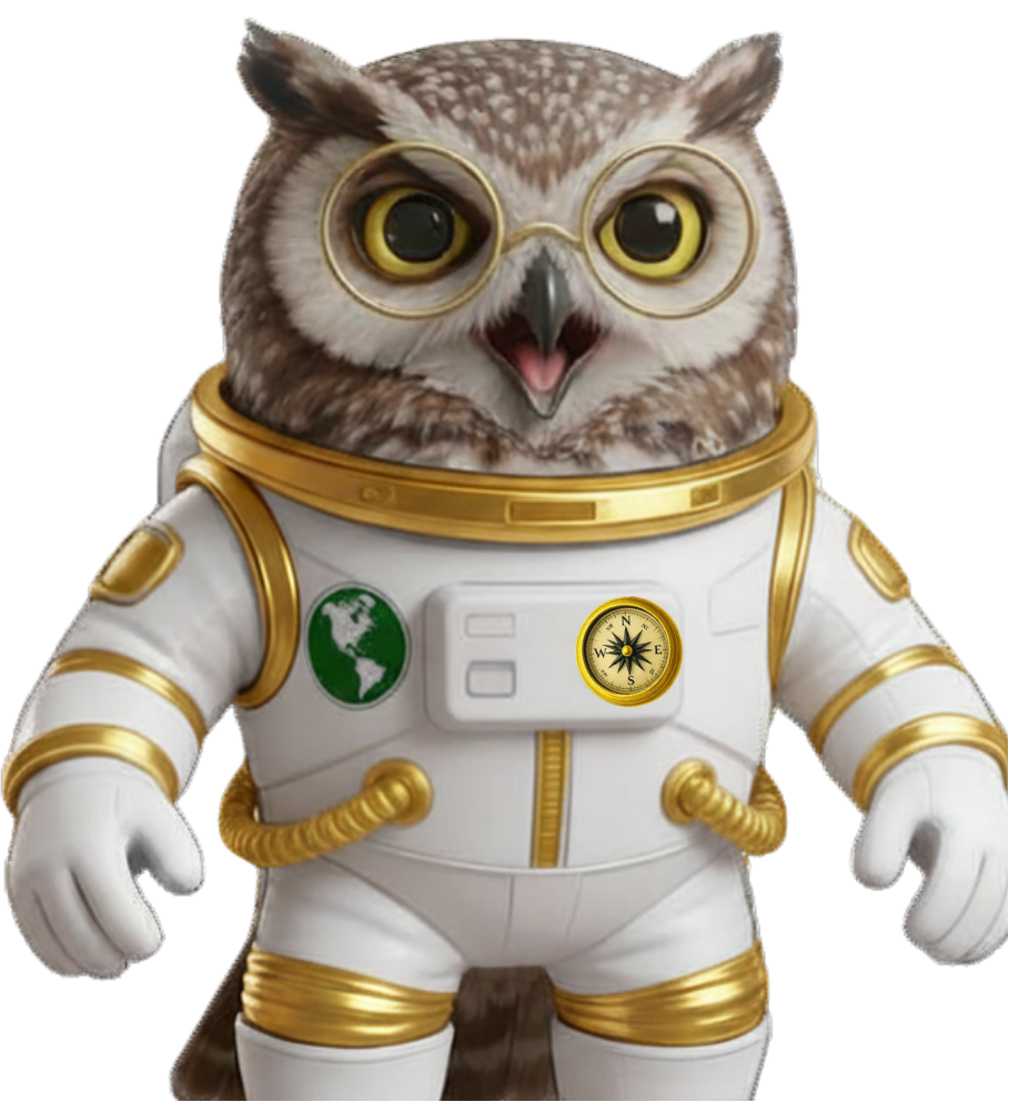 Cartoon of an owl wearing a space suit and helmet.