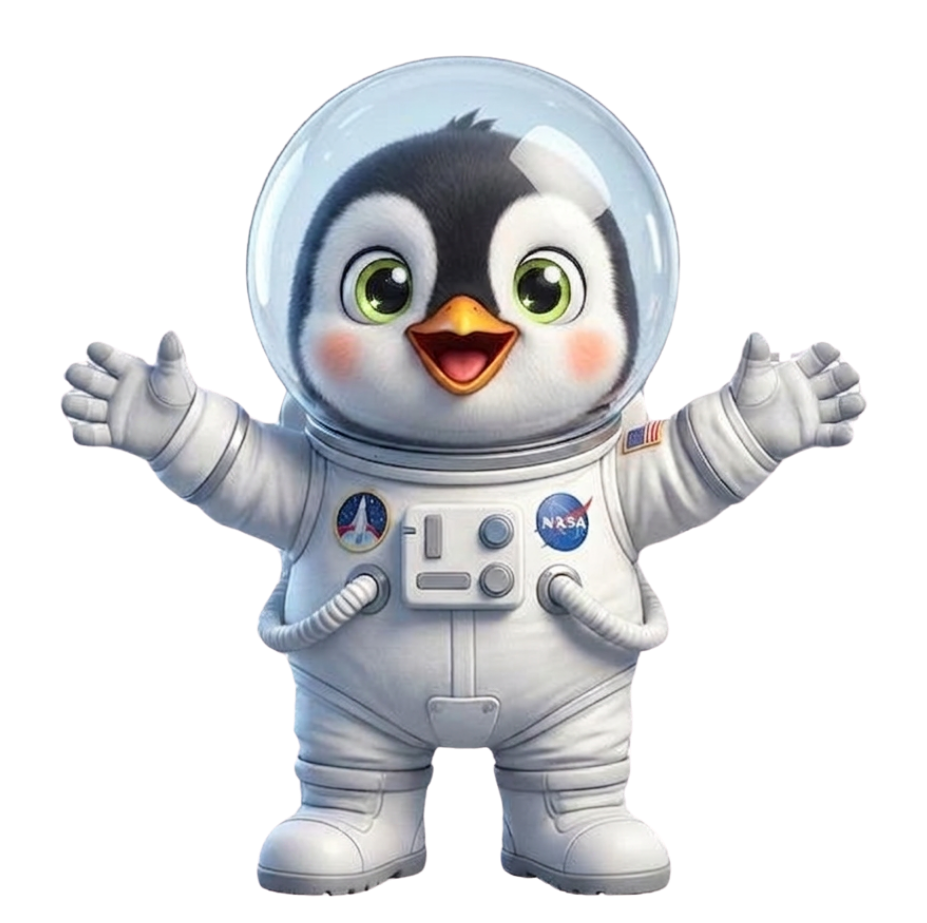 Cartoon of a penguin wearing a space suit and helmet.