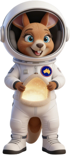 Cartoon of a kangaroo wearing a space suit and helmet.