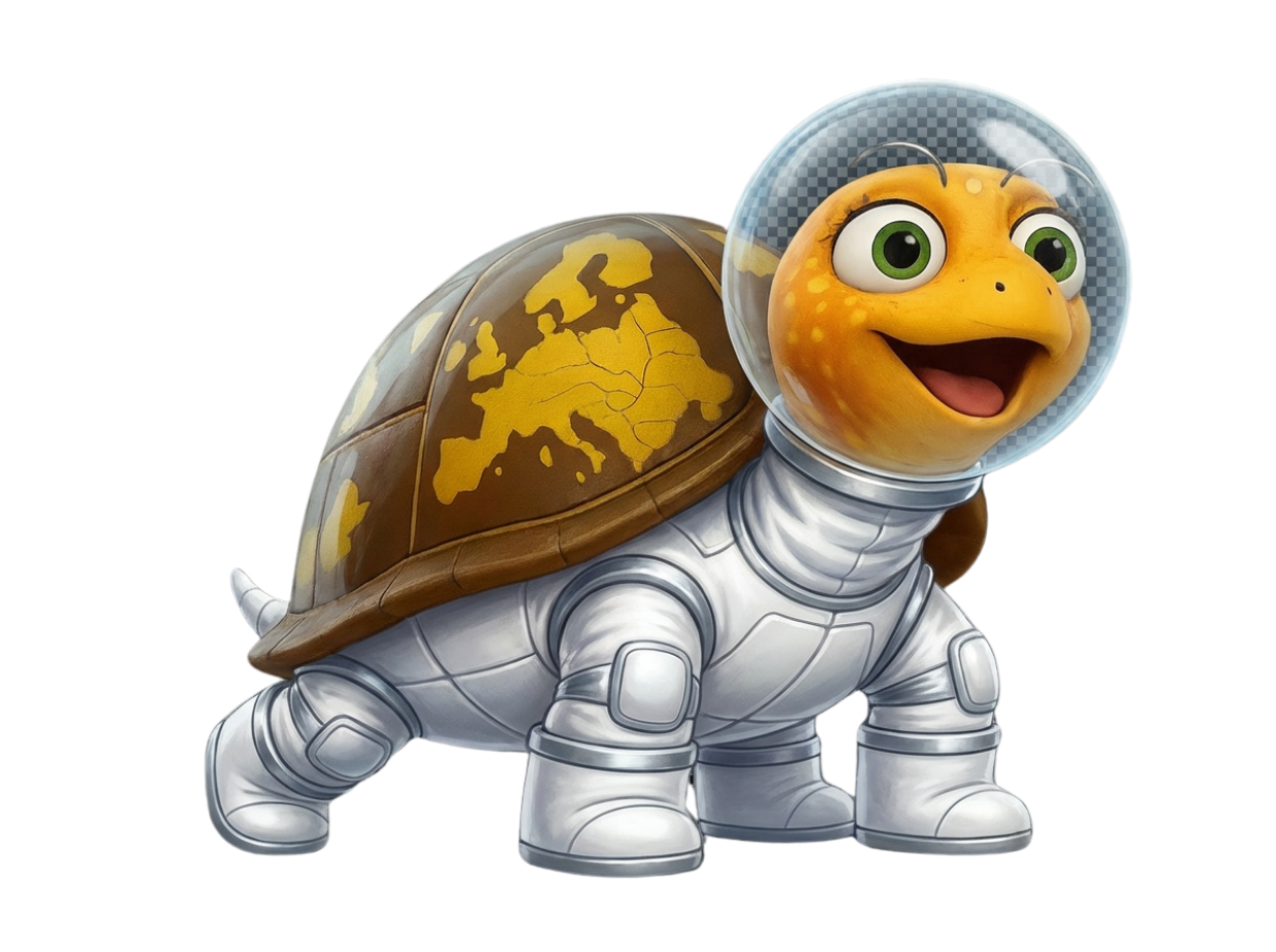 Cartoon of a turtle wearing a space suit and helmet.