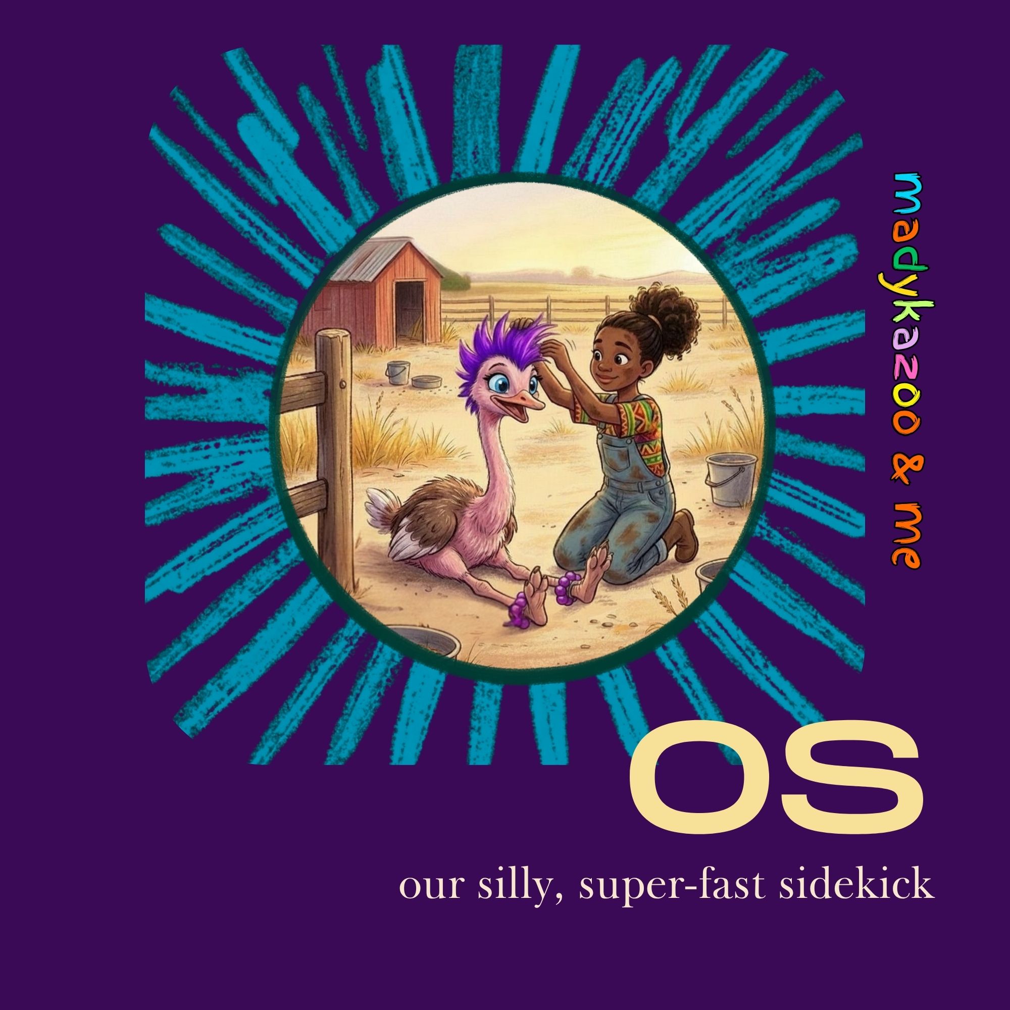 Cover with a cartoon ostrich getting its hair died purple by a farmer's daughter.