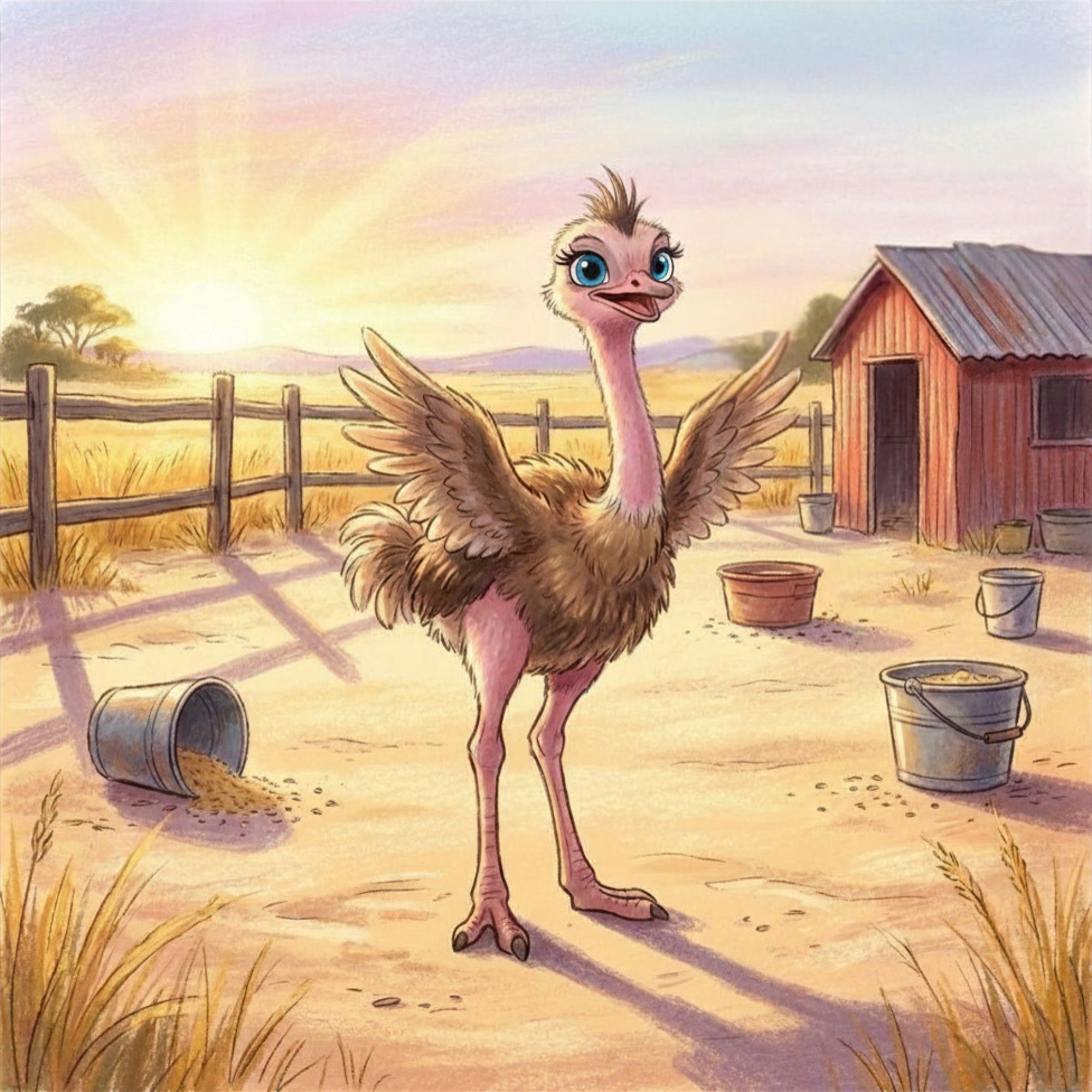 Cartoon of ostrich at daybreak in a farmyard with red barn in background.