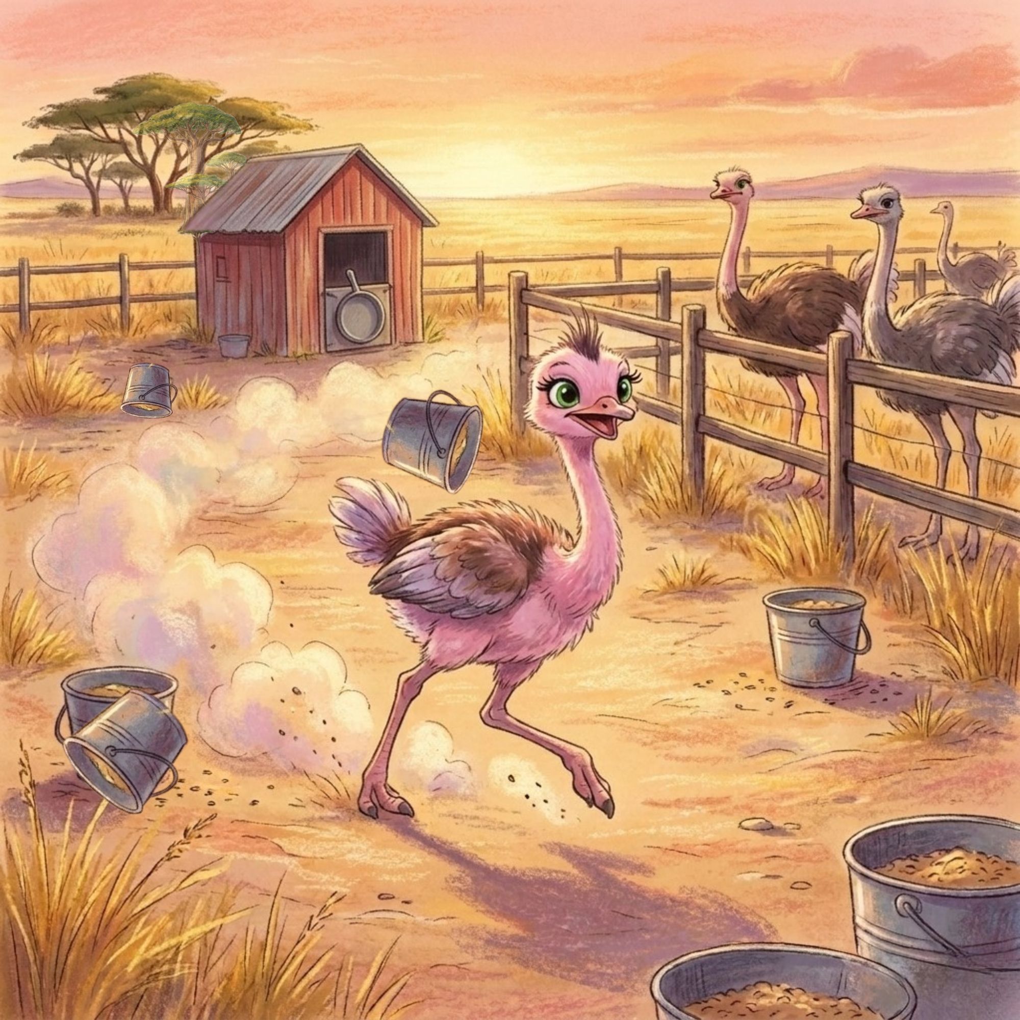 Cartoon of ostrich running around farmyard knocking over buckets of food.