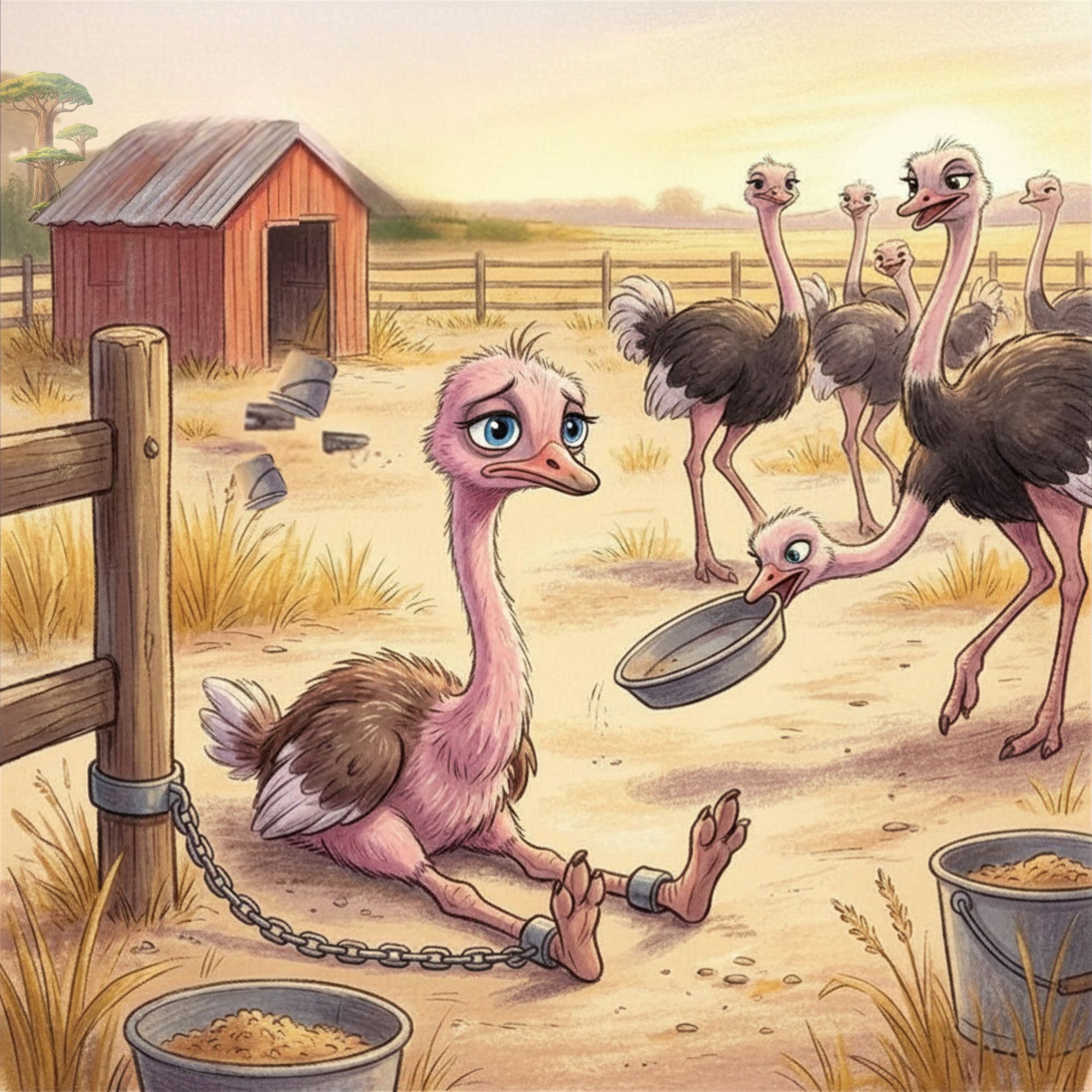 Cartoon of ostrich chained to the fence, while teased by other ostriches.