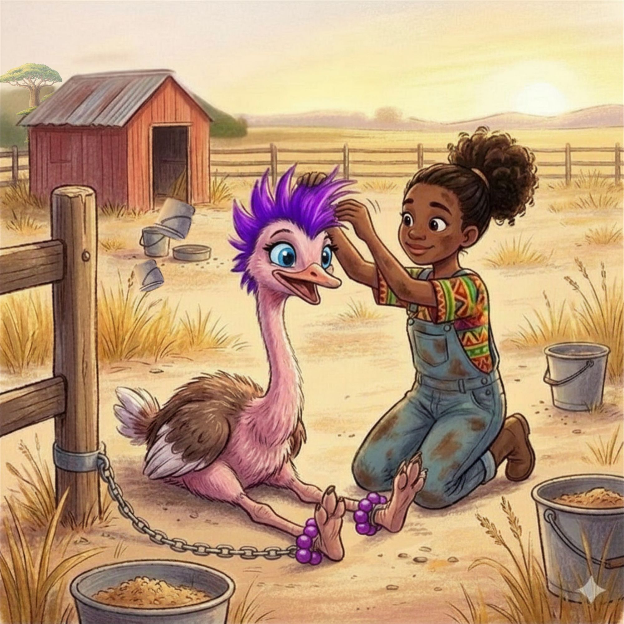 Cartoon of ostrich sitting on the ground, chained to the fence, with little girl dying its hair bright purple.
