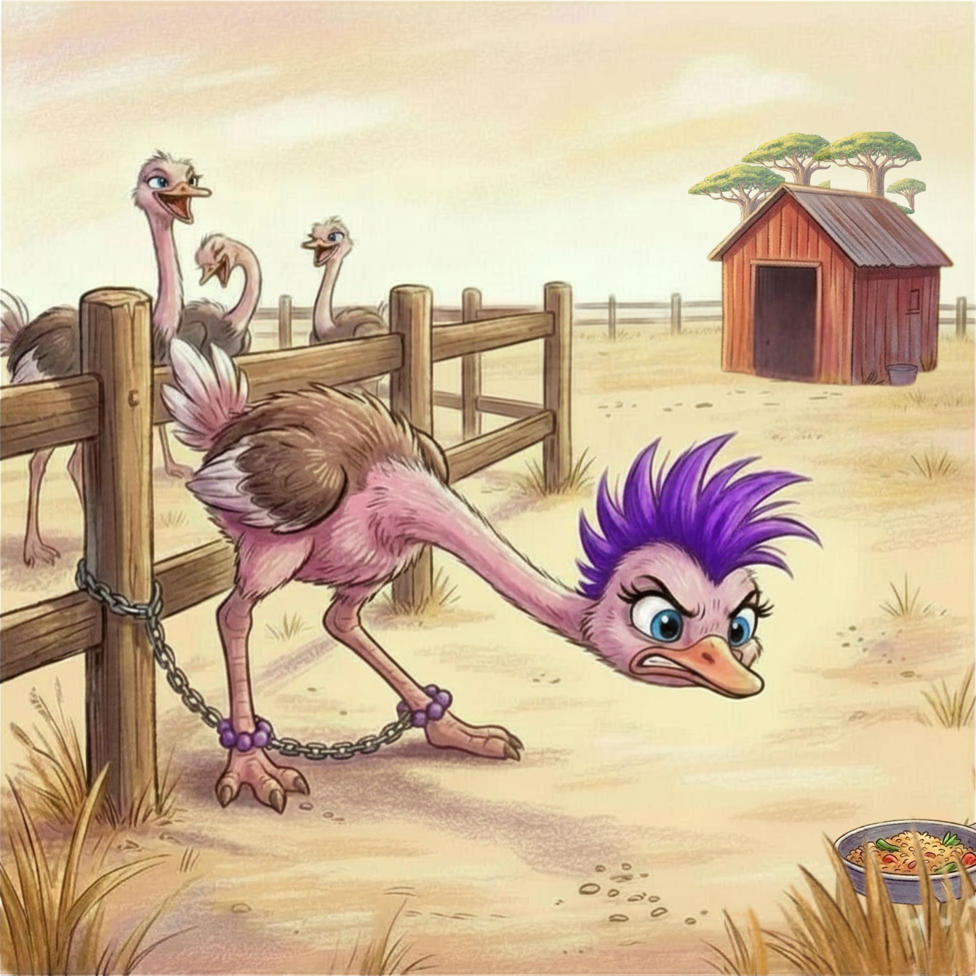 Cartoon of ostriches laughing at the young ostrich with purple hair.