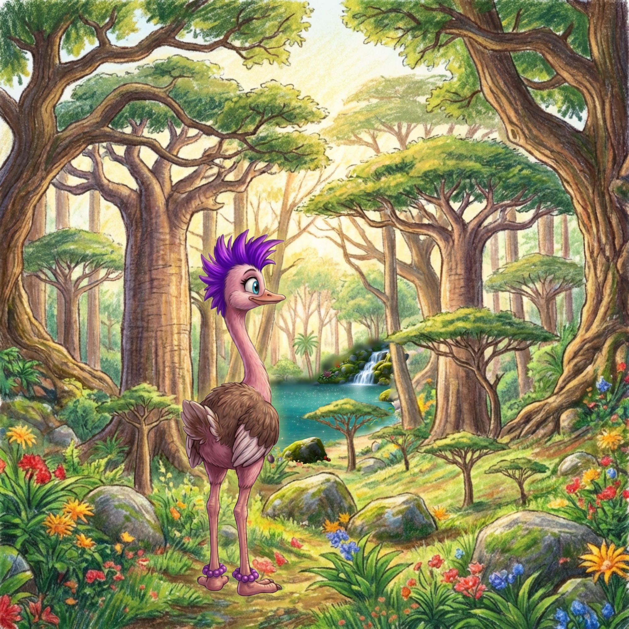 Cartoon of ostrich stopping at edge of the forest spotting a blue sparking waterfall and pond.