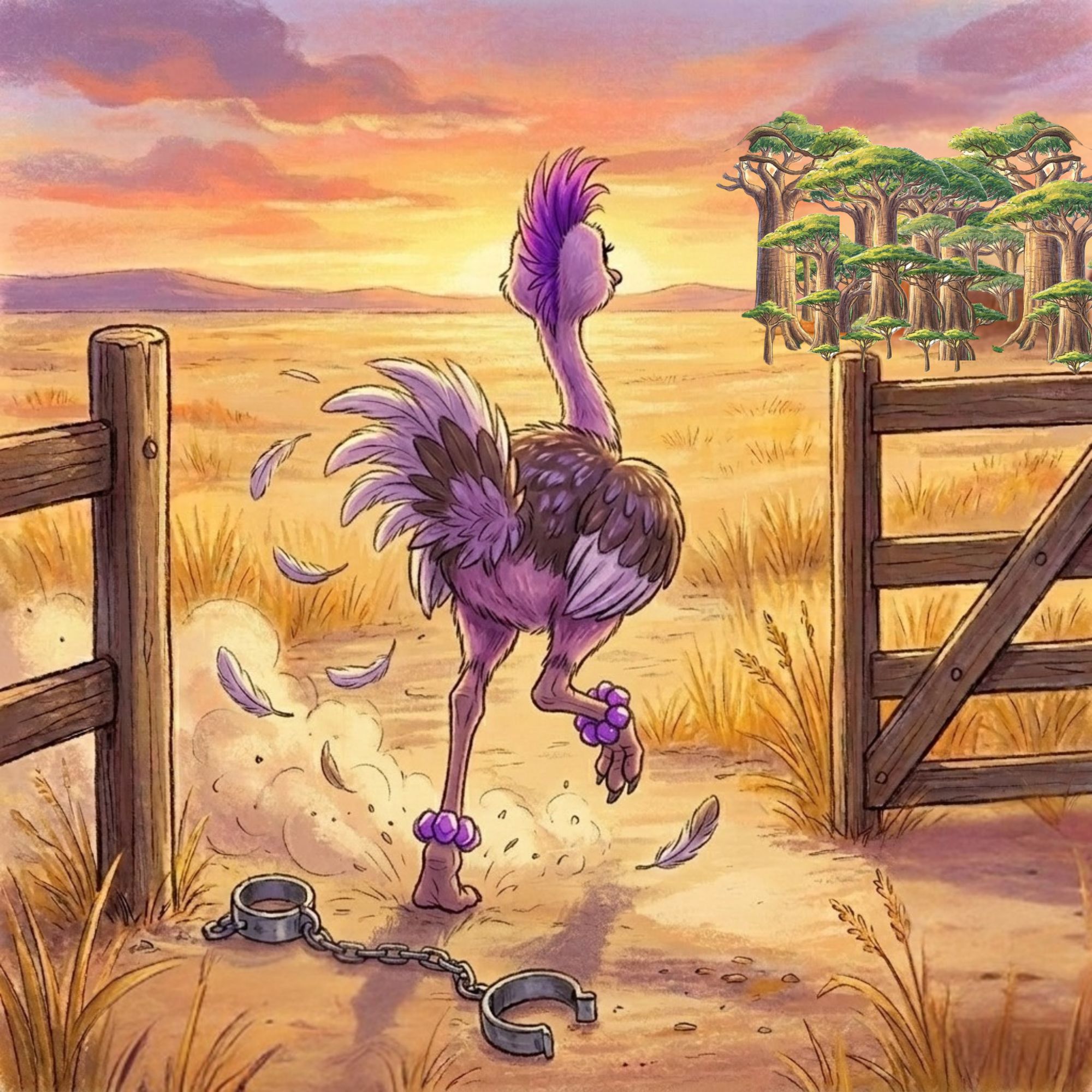 Cartoon of your ostrich breaking free and fleeing the farm yard, headed to a forest of trees.