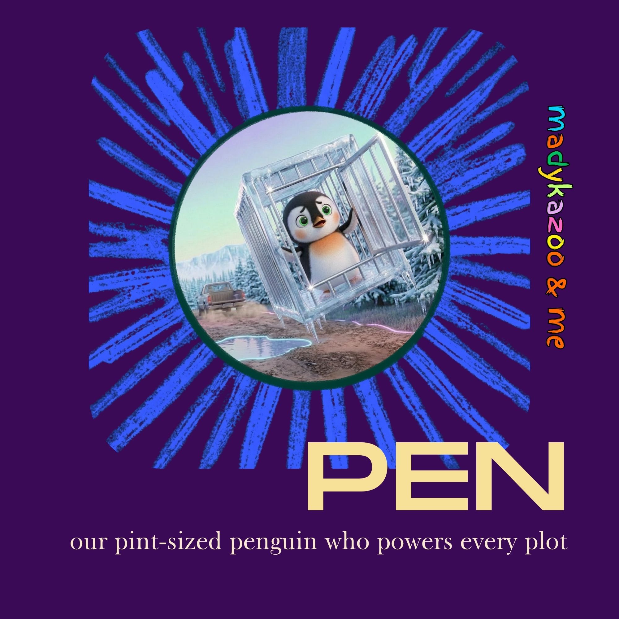 Cover for a cartoon penguin in an open cage that has fallen from a moving truck.