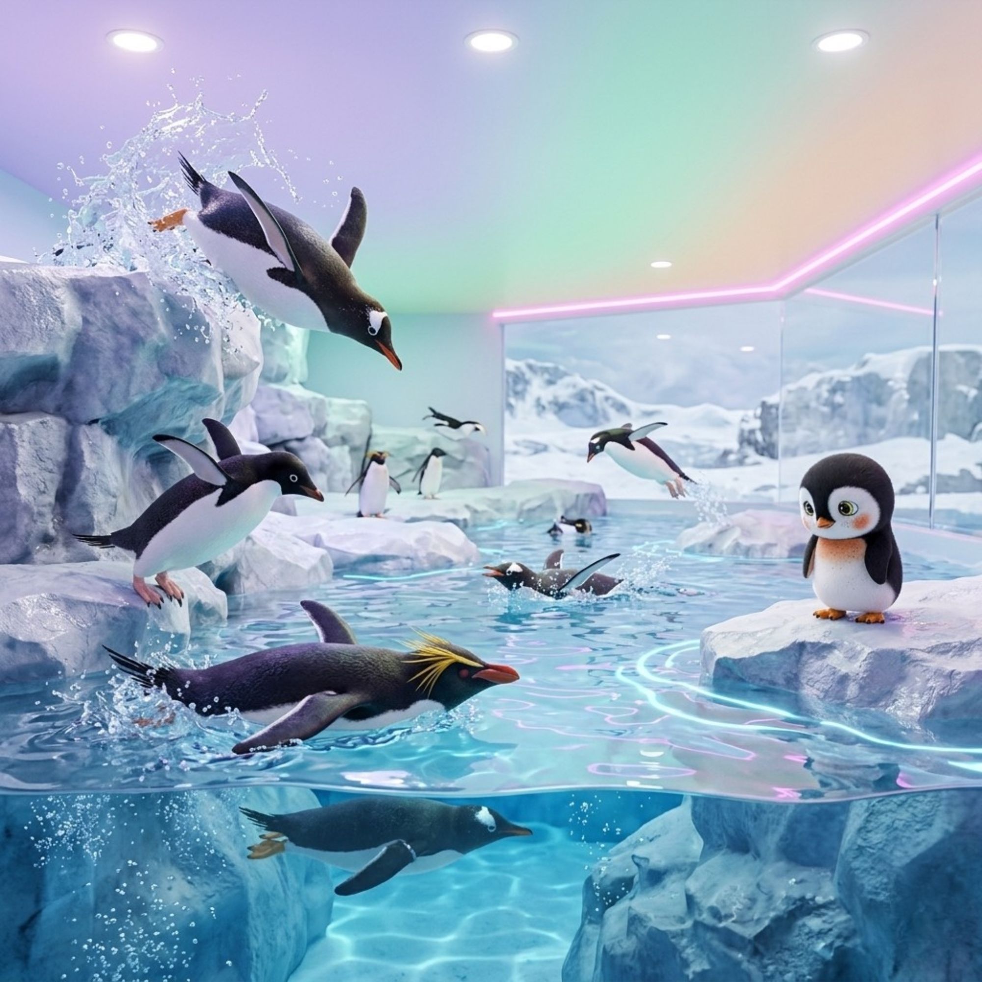 Cartoon image of penguins swimming in zoo tank exhibit