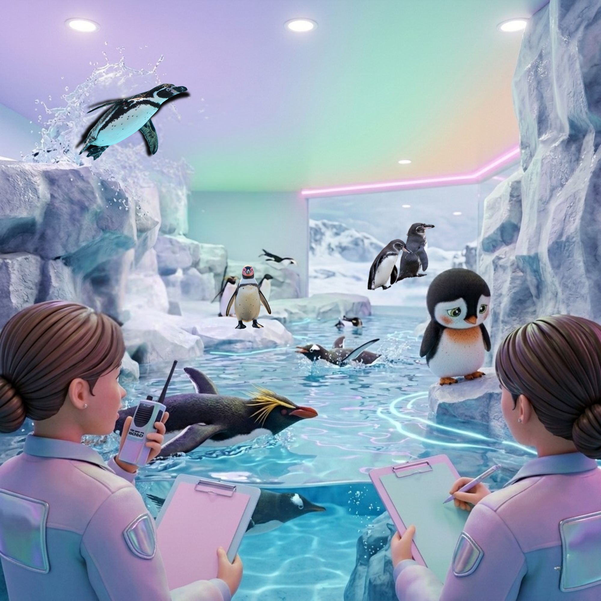 Cartoon image of zoo keepers observing penguins