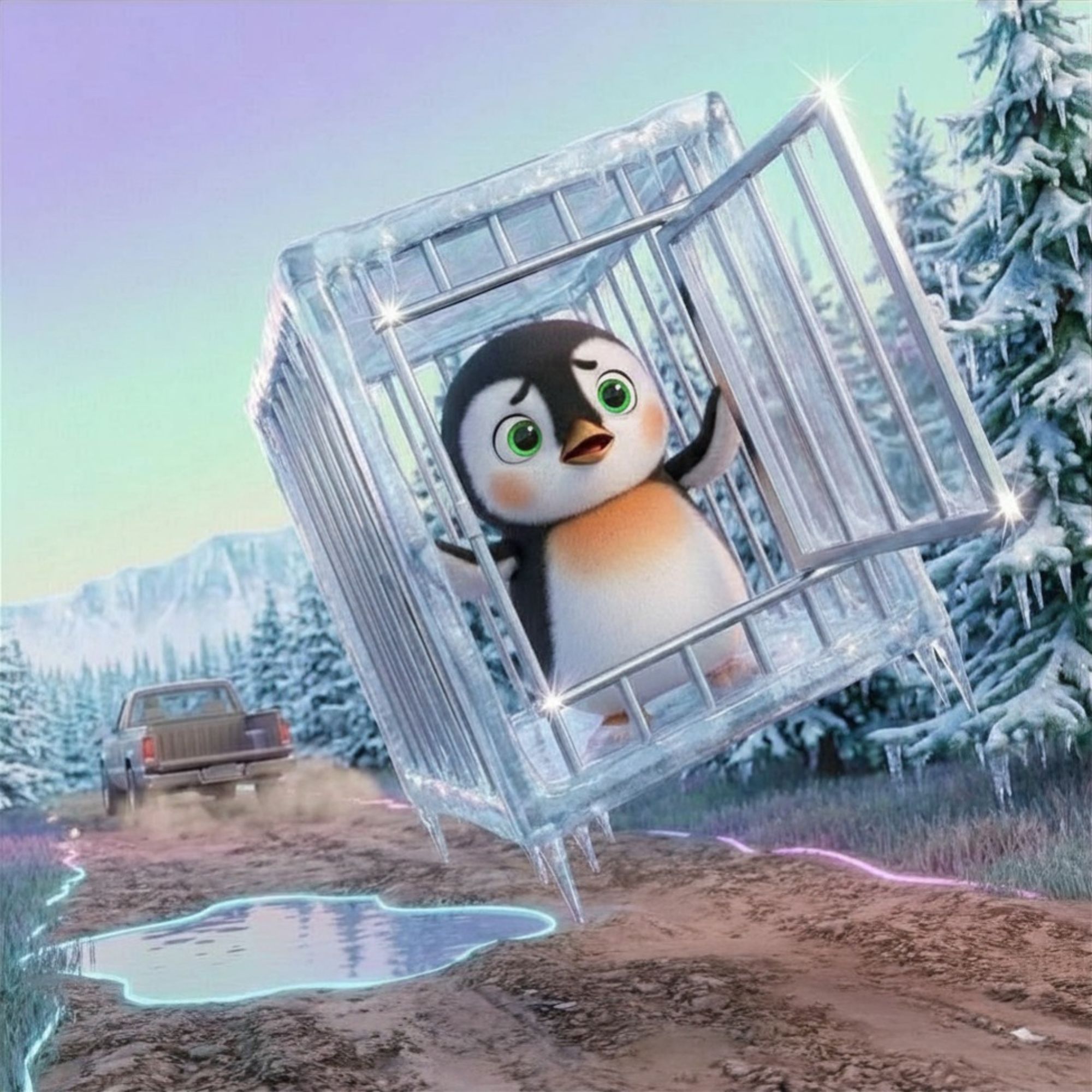 Cartoon image of cage falling out of the back of a truck, cage opens to show penguin inside
