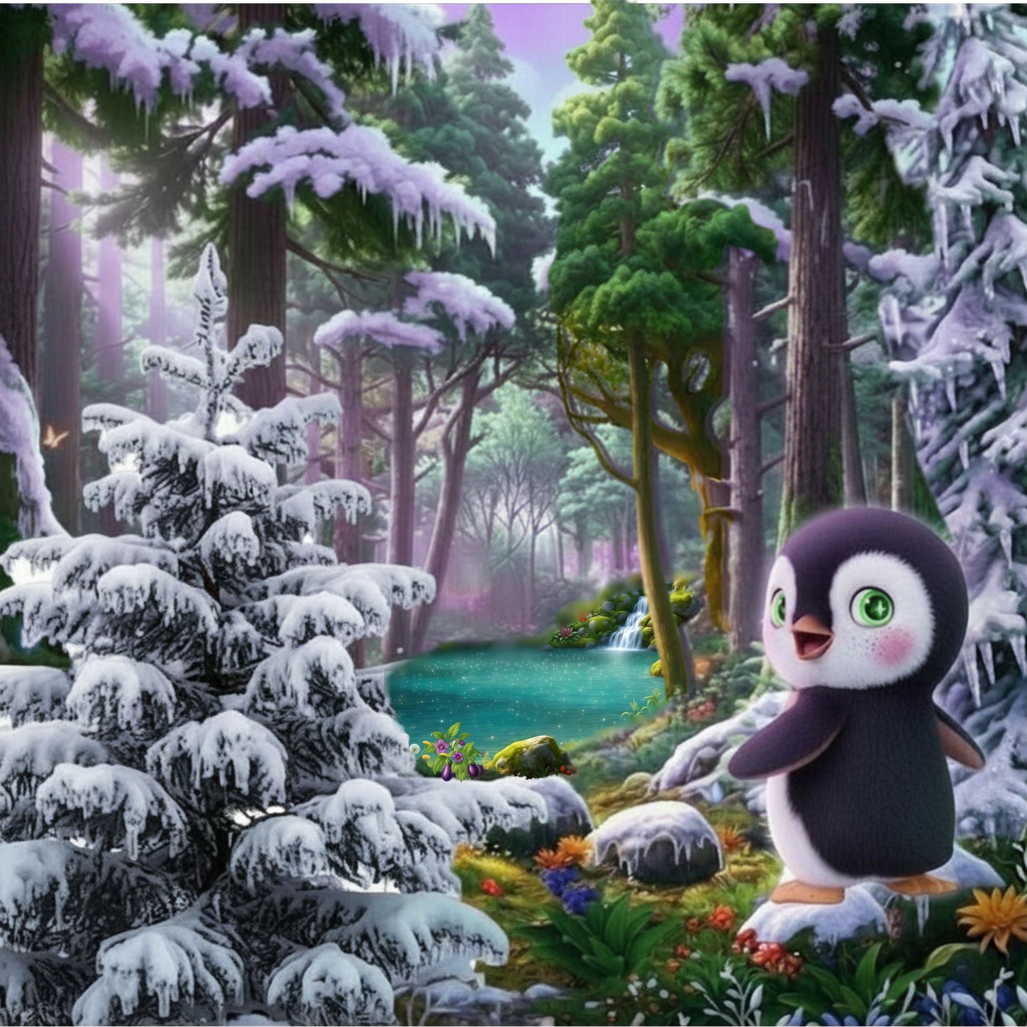 Cartoon image of a penguin standing at edge of forest, sees pond and waterfall