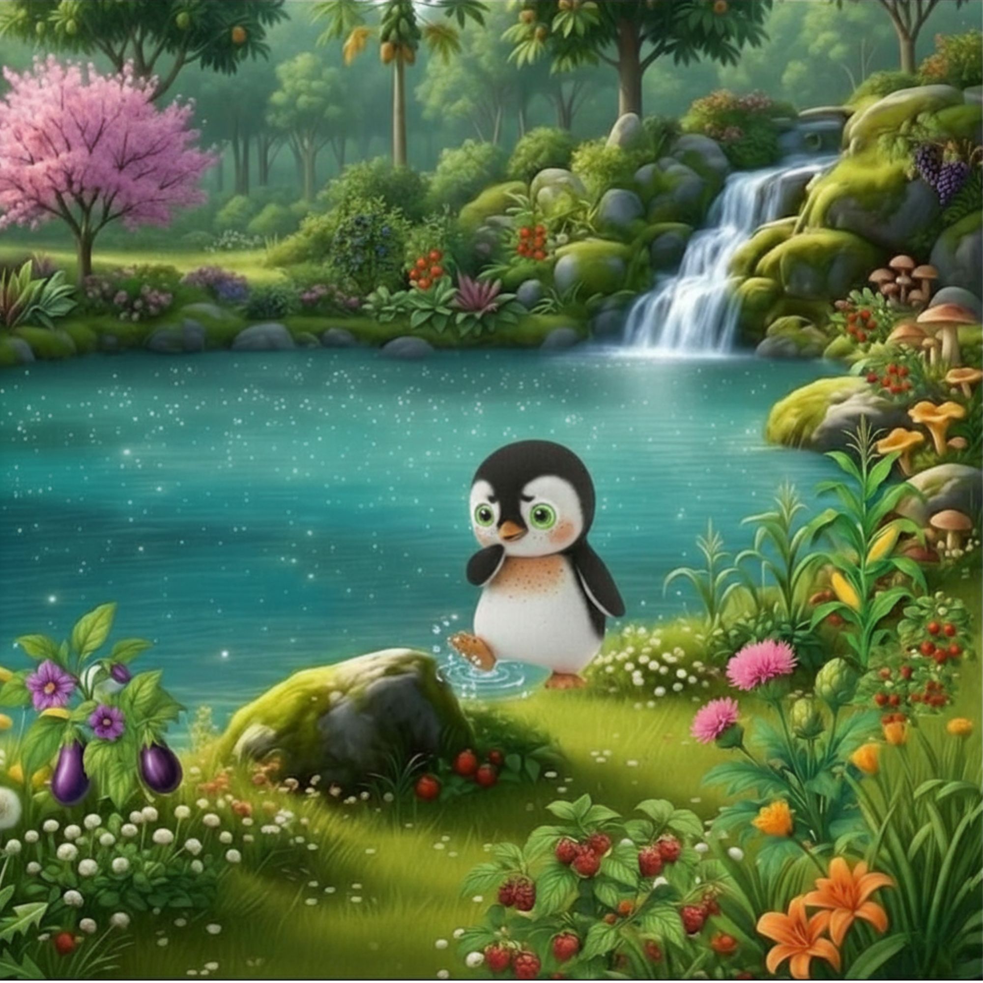 Cartoon image of penguin kicking the pond water