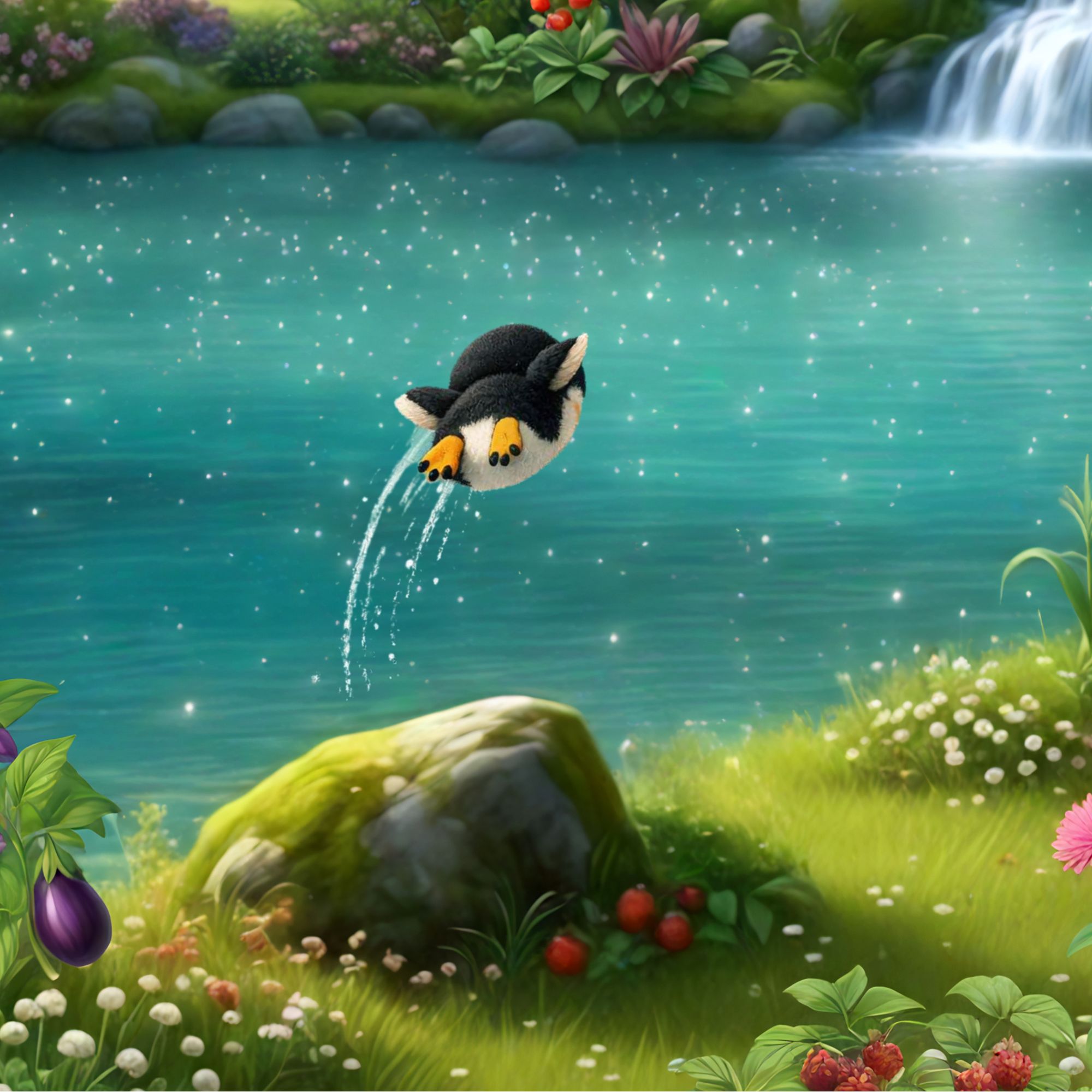 Cartoon image of penguin jumps from boulder into the pond water