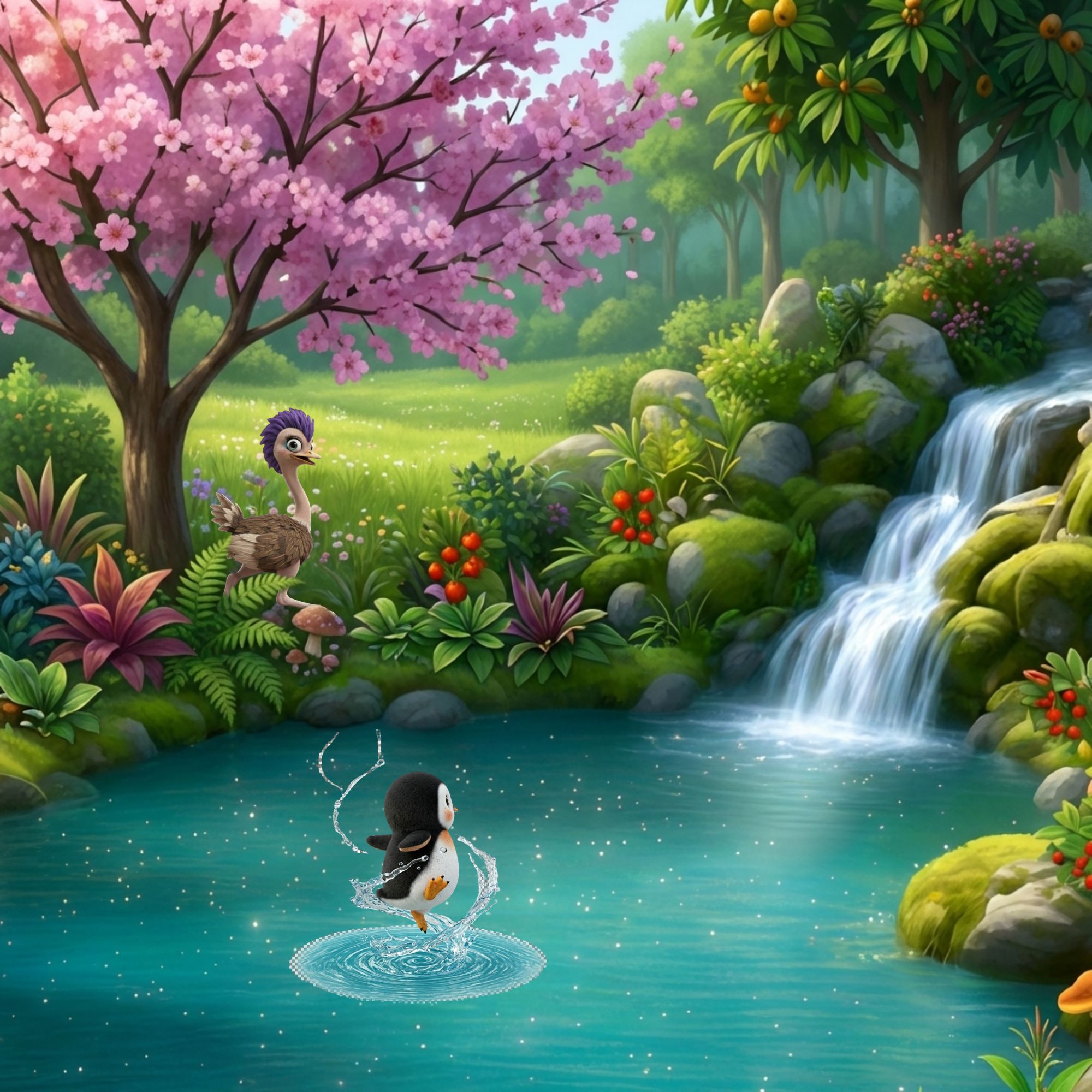 Cartoon image of a penguin jumping higher and twirling out of the water