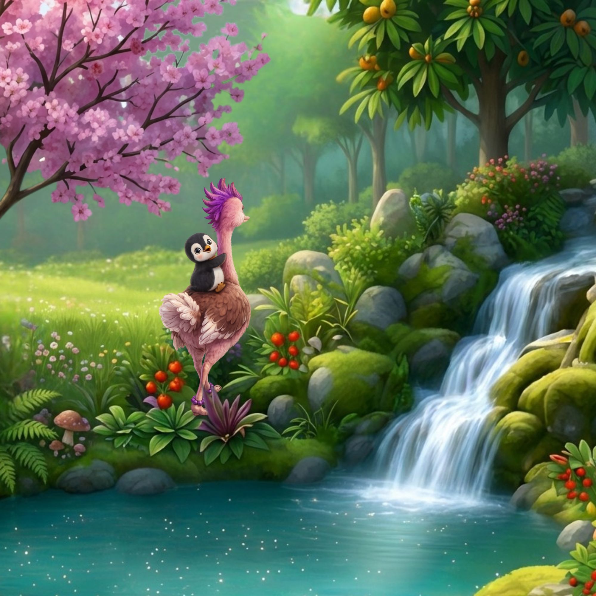Cartoon image of a penguin landing on the back of an ostrich standing on the shore of the pond