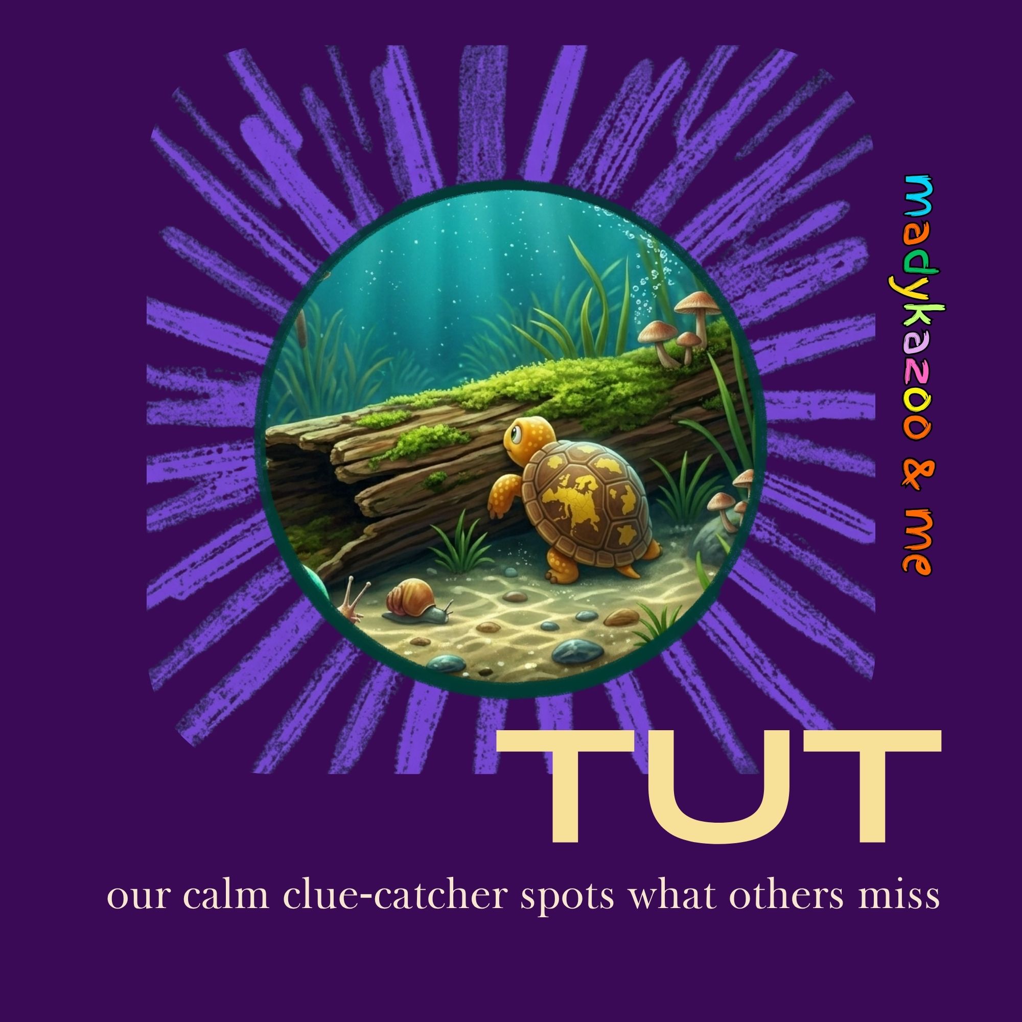Cover for a cartoon turtle hiding behind a sunken log with fish and snails