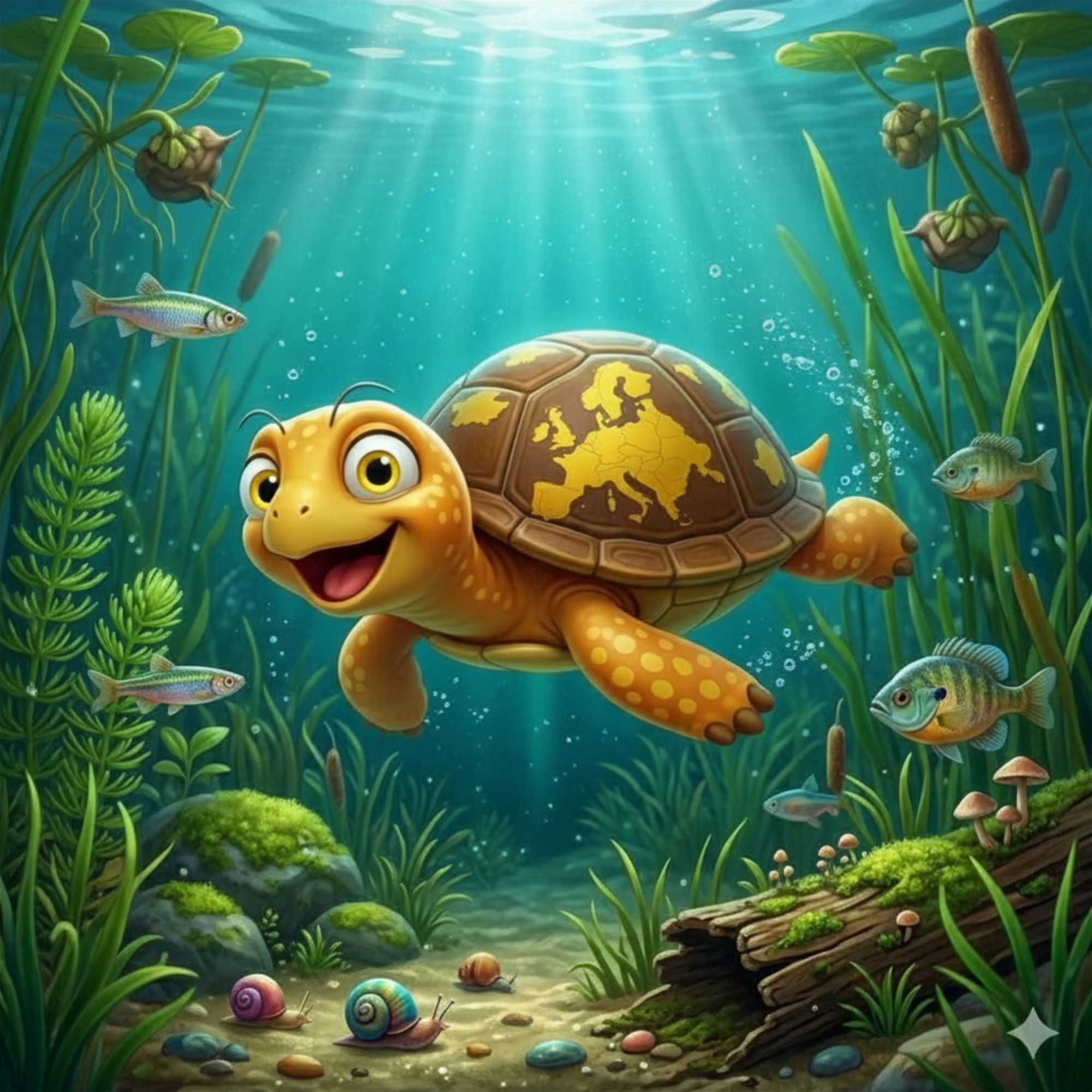 Cartoon of a new baby turtle breaking free of its shell, doving in to the clear waters of the pond