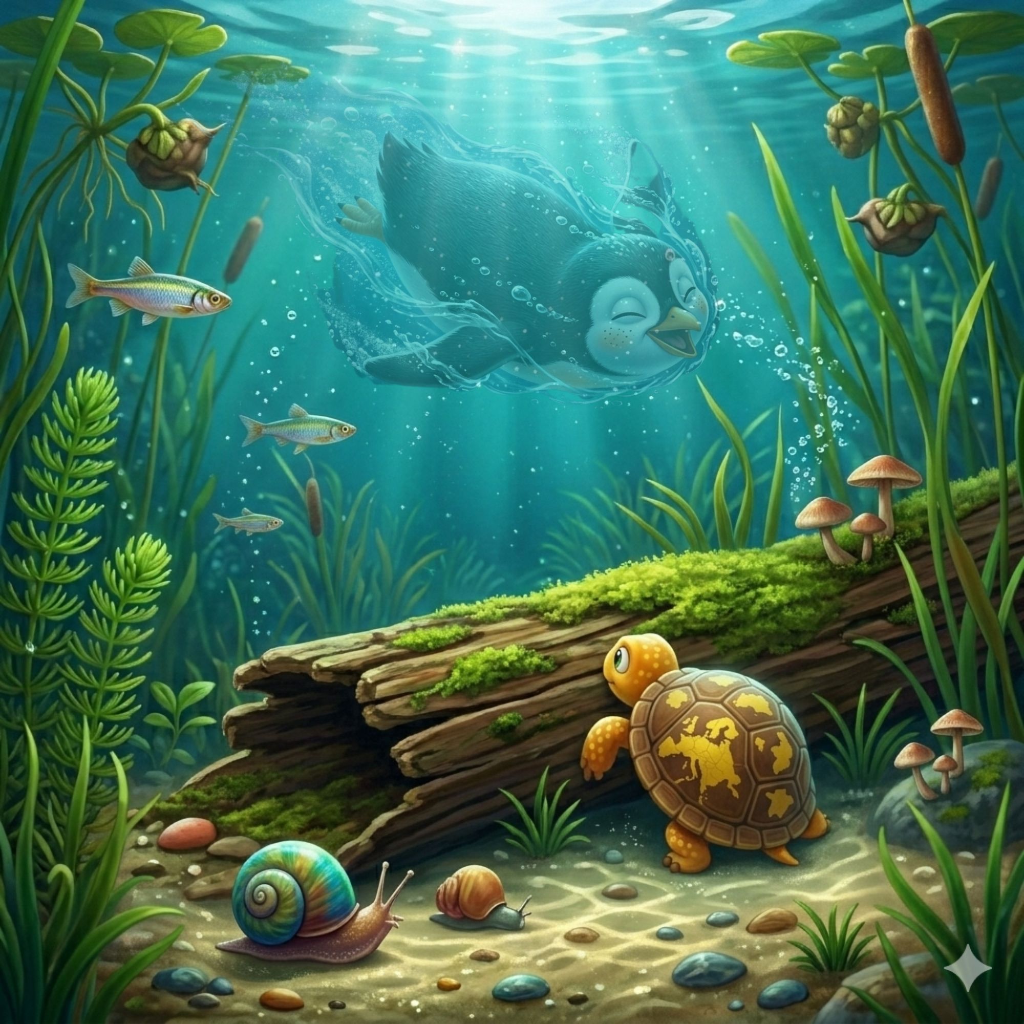 Cartoon of little turtle hiding behind a log  watching a penguin dive into the water